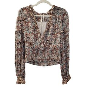 Anthropologie Paisley Print Faux Wrap Smocked Waist Top Size M